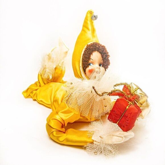 1950’s VTG Christmas Pixie Elf Doll Poseable Yellow Satin - Picture 9 of 12